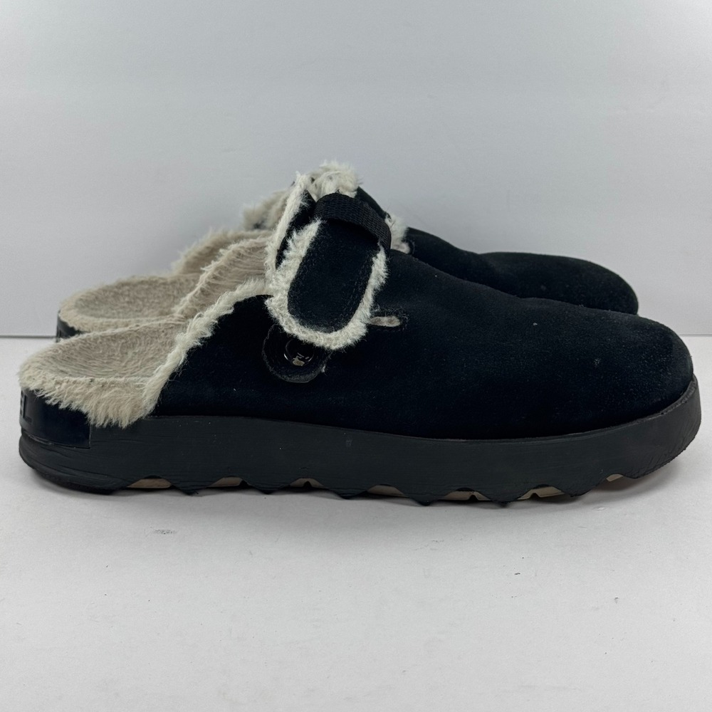 Sorel Nakiska Slipper II Black Suede Faux Fur Lined Clog Mules Women 0466